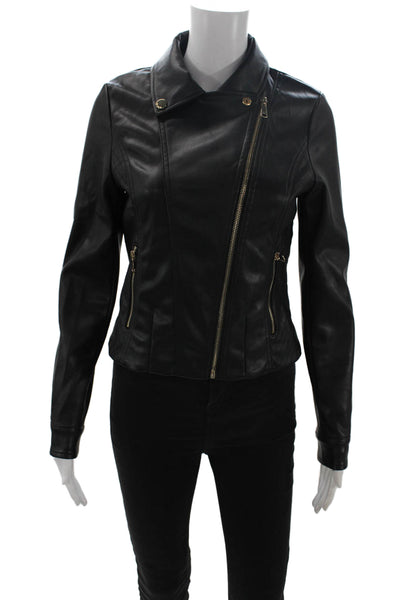 Bebe Women Biker Motorcycle Jacket Black PU Collared Button Long Sleeve Size S