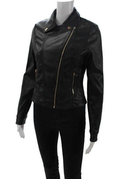 Bebe Women Biker Motorcycle Jacket Black PU Collared Button Long Sleeve Size S