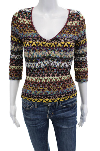 Krizia Women Bohemian Geometric V-Neck 3/4 Sleeve Blouse Multi-Color Size 40