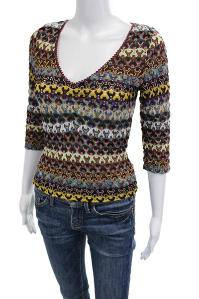 Krizia Women Bohemian Geometric V-Neck 3/4 Sleeve Blouse Multi-Color Size 40