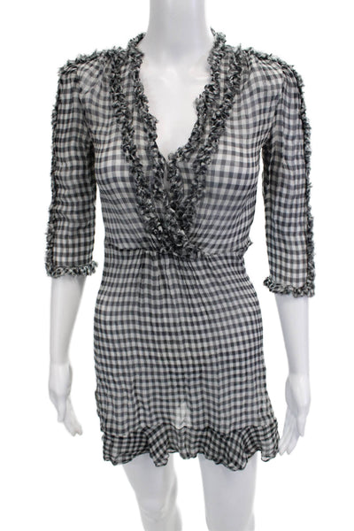 The Kooples Women Shirt Dress Black Silk Check V Neck 3/4 Sleeve Size 0
