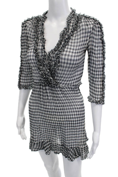 The Kooples Women Shirt Dress Black Silk Check V Neck 3/4 Sleeve Size 0