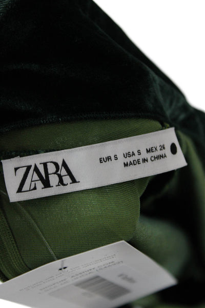 Zara Womens Velvet Turtleneck Long Sleeve Blouse Green Zip Christmas Size S