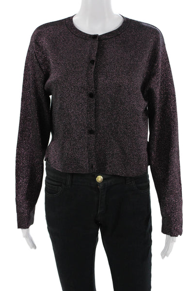 Zara Women Cropped Button-Up Sweater Black Crew Neck Polyester Blend Size M
