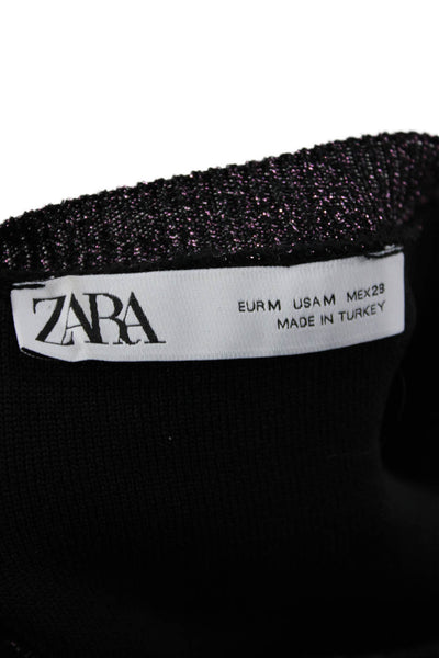 Zara Women Cropped Button-Up Sweater Black Crew Neck Polyester Blend Size M