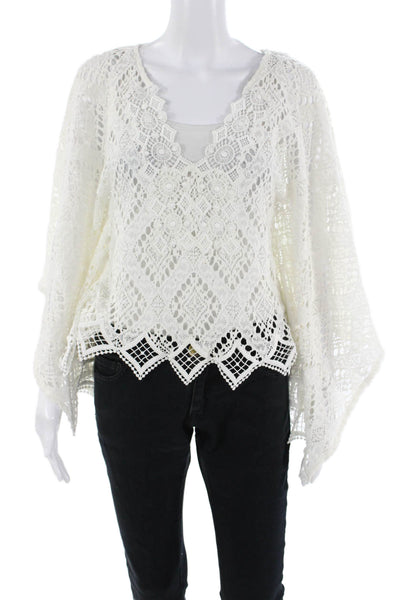 Temptation Womens Bohemian V-Neck Button Up Short Sleeve White Blouse Size S