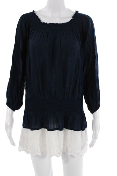 Cabane Saint Barth Womens Tunic Blouse Dark Blue Square Neck 3/4 Sleeve Size S