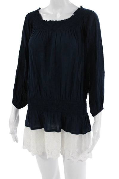 Cabane Saint Barth Womens Tunic Blouse Dark Blue Square Neck 3/4 Sleeve Size S