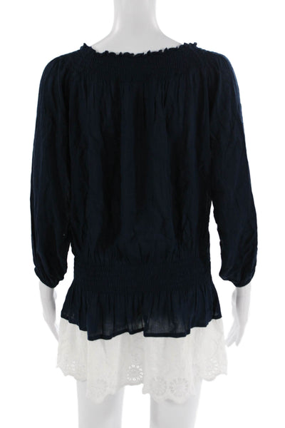Cabane Saint Barth Womens Tunic Blouse Dark Blue Square Neck 3/4 Sleeve Size S