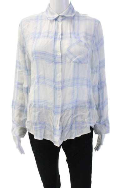 Rails Womens Collared Light Blue Linen Plaid Button-Up Long Sleeve Size XS