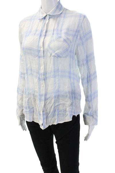 Rails Womens Collared Light Blue Linen Plaid Button-Up Long Sleeve Size XS