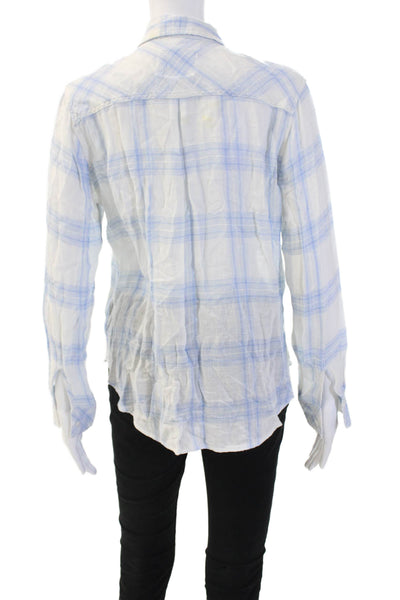 Rails Womens Collared Light Blue Linen Plaid Button-Up Long Sleeve Size XS