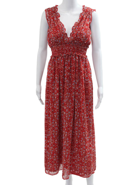 Max Studio Women Red Floral V-Neck Maxi Sundress Bohemian Sleeveless Size S