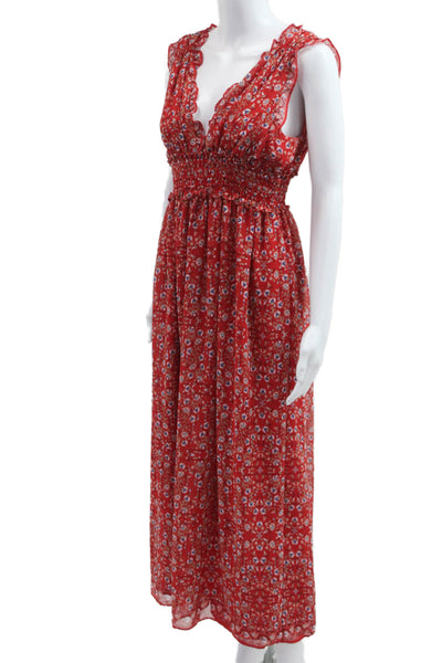 Max Studio Women Red Floral V-Neck Maxi Sundress Bohemian Sleeveless Size S