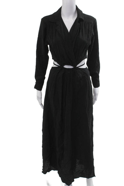 YFB Womens Maxi Shirt Dress Black Long Sleeve Collared Rayon Size XS