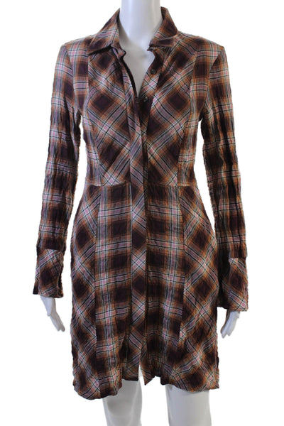 Peruvian Connection Women Shirt Dress Brown Plaid Long Sleeve Collared Size 2