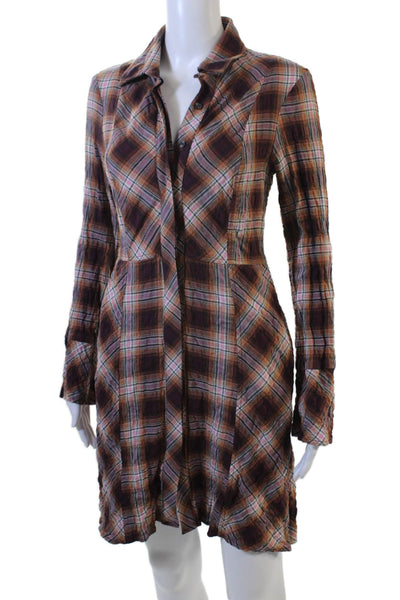 Peruvian Connection Women Shirt Dress Brown Plaid Long Sleeve Collared Size 2