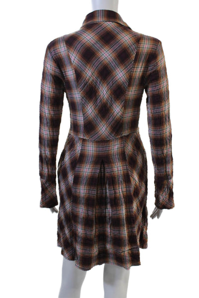 Peruvian Connection Women Shirt Dress Brown Plaid Long Sleeve Collared Size 2