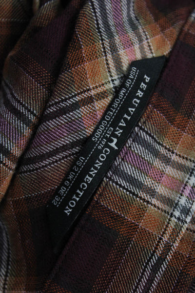 Peruvian Connection Women Shirt Dress Brown Plaid Long Sleeve Collared Size 2