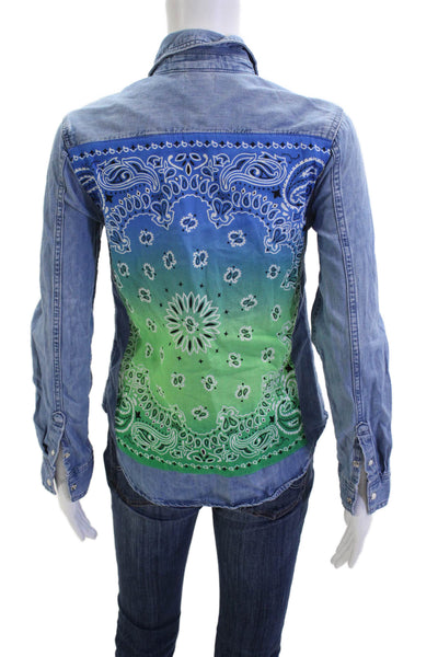 Daniella Erin NYC Women Bohemian Paisley Button-Up Long Sleeve Blue Size XS