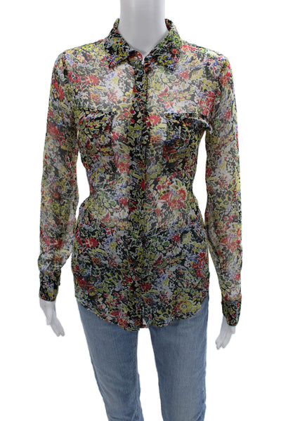 Equipment Femme Women Black Merino Floral Button-Up Blouse Longsleeve Size XS