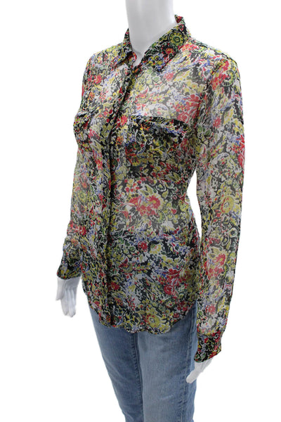 Equipment Femme Women Black Merino Floral Button-Up Blouse Longsleeve Size XS