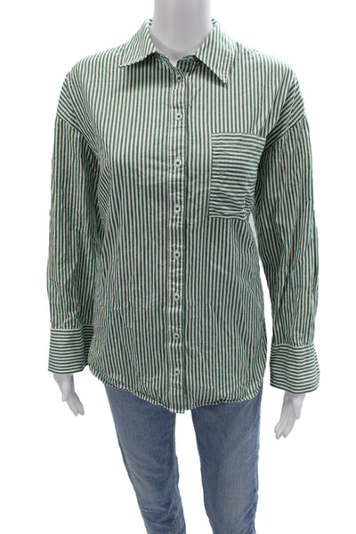Maeve Anthropologie Women Striped Cotton Buttonup Longsleeve Green Size S
