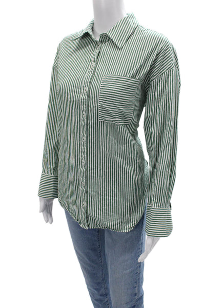 Maeve Anthropologie Women Striped Cotton Buttonup Longsleeve Green Size S
