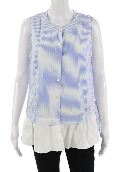J. Mclaughlin Womens Sleeveless Striped Button Up Blouse Blue Round Neck Size L