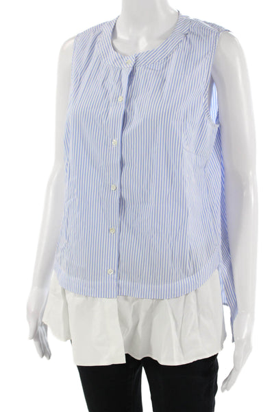 J. Mclaughlin Womens Sleeveless Striped Button Up Blouse Blue Round Neck Size L