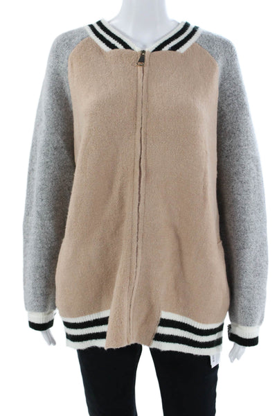 Allie Rose Womens Varsity Jacket Beige Striped V-Neck Long Sleeve Zip Size L