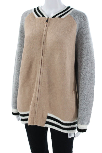 Allie Rose Womens Varsity Jacket Beige Striped V-Neck Long Sleeve Zip Size L