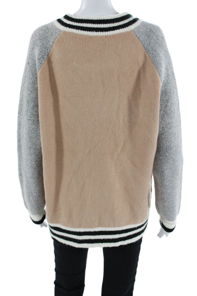 Allie Rose Womens Varsity Jacket Beige Striped V-Neck Long Sleeve Zip Size L