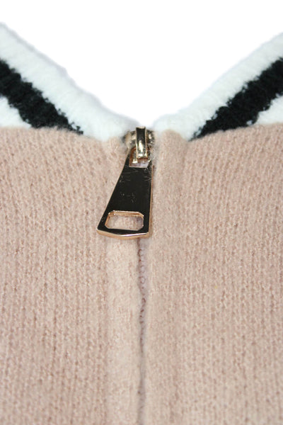 Allie Rose Womens Varsity Jacket Beige Striped V-Neck Long Sleeve Zip Size L