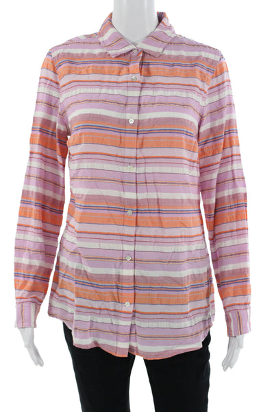 J. Mclaughlin Women Striped Cotton Collared Button-Up Long-Sleeve Orange Size M