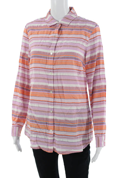 J. Mclaughlin Women Striped Cotton Collared Button-Up Long-Sleeve Orange Size M