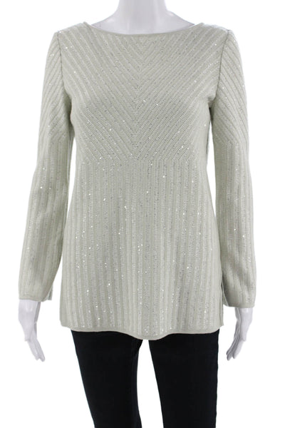 St. John Womens Pullover Sweater V-Neck Striped 3/4 Sleeve Gray Size PP
