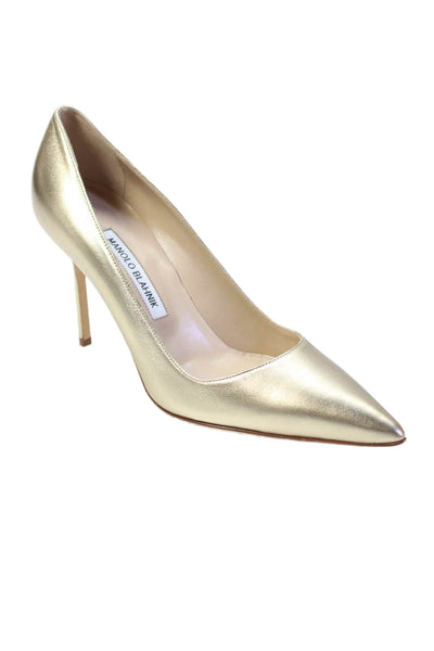 Manolo Blahnik Womens Leather Pointed Toe Stiletto Heel Pumps Gold Size 38.5 39.