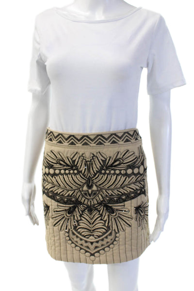 Twinset Women Mini Pencil Skirt Beige Geometric Cotton Linen Size 42