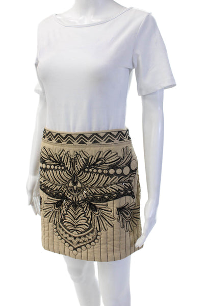 Twinset Women Mini Pencil Skirt Beige Geometric Cotton Linen Size 42