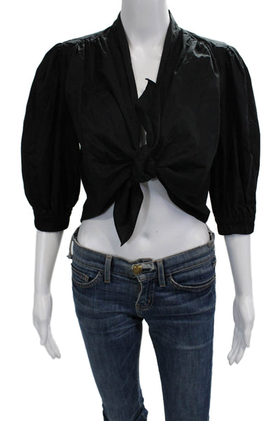 Zara Women Cropped Blouse Black Cotton Tie 3/4 Sleeve Size S