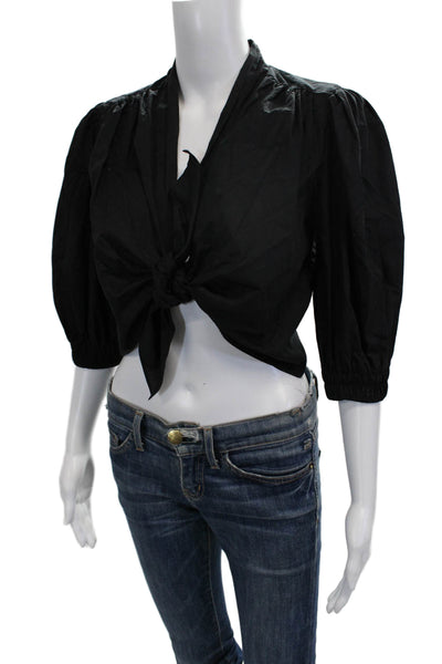 Zara Women Cropped Blouse Black Cotton Tie 3/4 Sleeve Size S