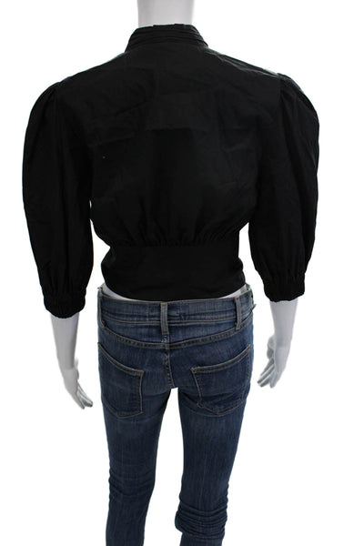 Zara Women Cropped Blouse Black Cotton Tie 3/4 Sleeve Size S