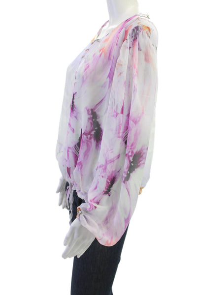 Lola & Sophie Women Floral Button Front Long Sleeve Blouse White Size M