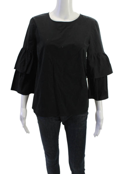 J Crew Women Black Cotton Elastane Round Neck Button 3/4 Sleeve Blouse Size 8
