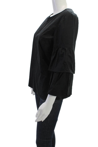 J Crew Women Black Cotton Elastane Round Neck Button 3/4 Sleeve Blouse Size 8