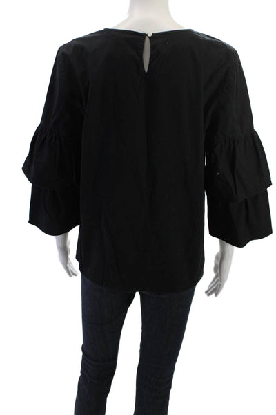 J Crew Women Black Cotton Elastane Round Neck Button 3/4 Sleeve Blouse Size 8