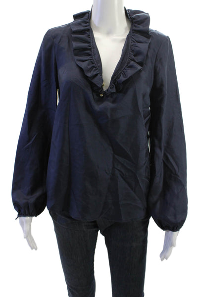 Elizabeth McKay Women Silk V-Neck Button Long Sleeve Blouse Dark Blue Size 6