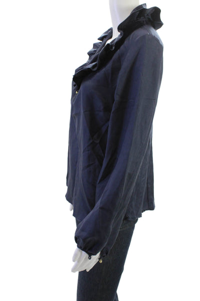 Elizabeth McKay Women Silk V-Neck Button Long Sleeve Blouse Dark Blue Size 6