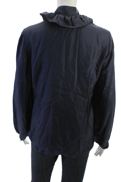 Elizabeth McKay Women Silk V-Neck Button Long Sleeve Blouse Dark Blue Size 6